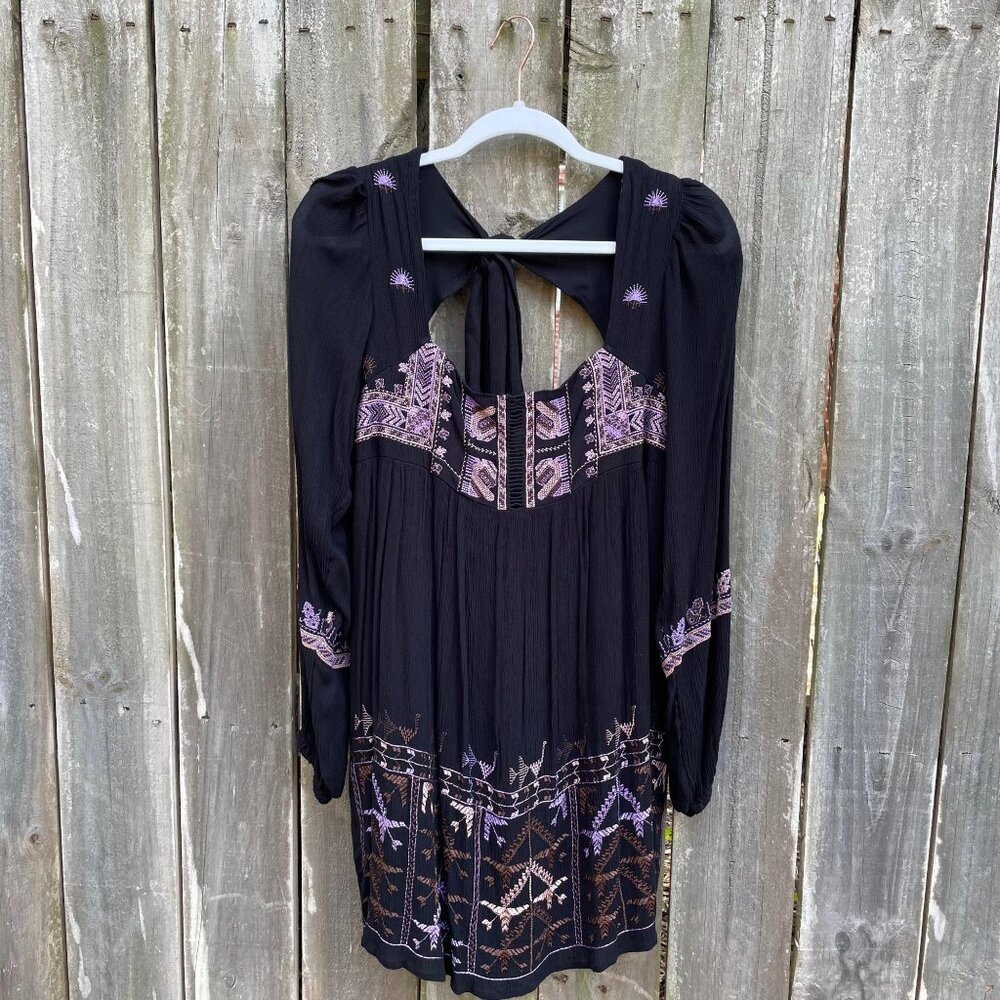 Free People Rhiannon Embroidered Babydoll Dress Size XS Black Purple Boho New